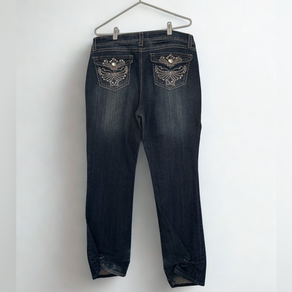 Y2K Dark Wash Bootcut Jeans Embellished Pocket Rhinestone Detail